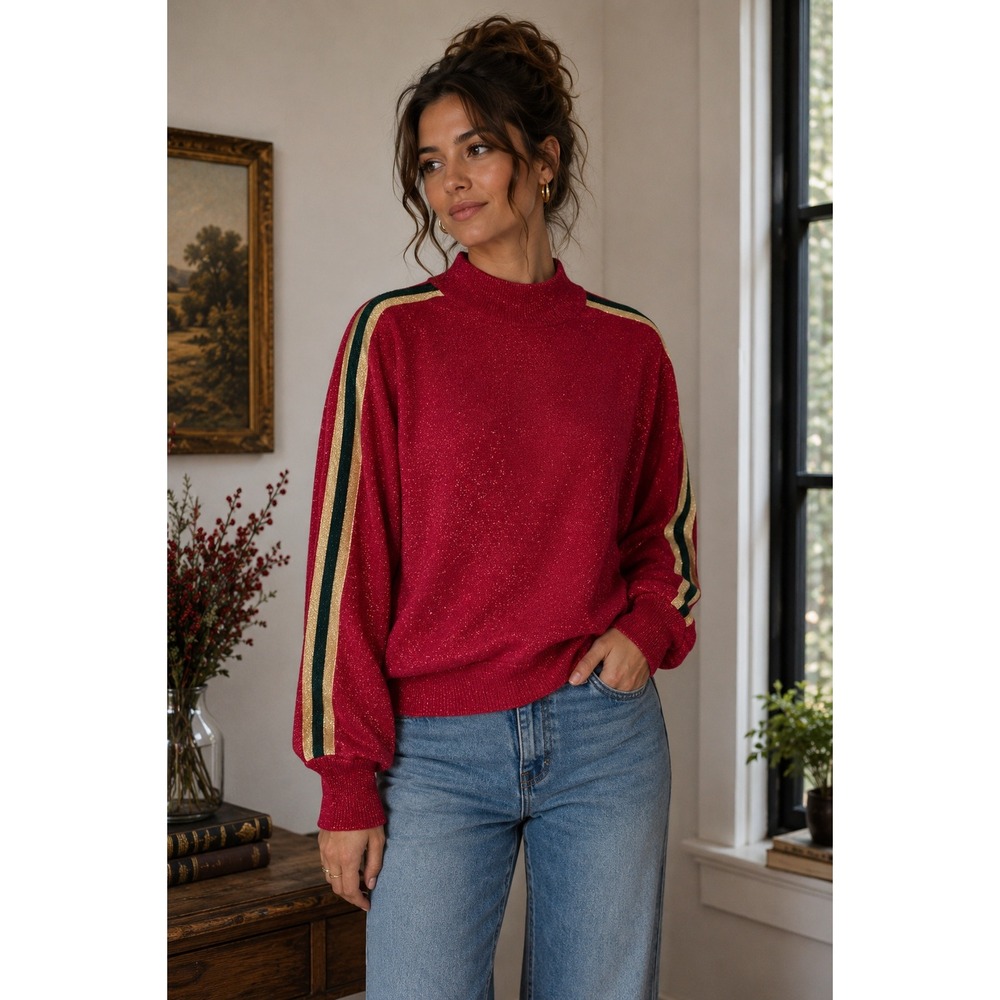 Q2 Collection Red Sparkle Sweater Stripe Sleeve Mock Neck NWT Medium